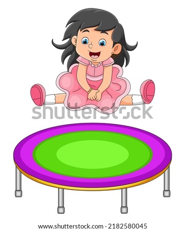 The cute girl with the pretty dress is jumping on the trampoline of illustration