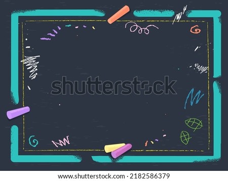 Background Illustration of Chalkboard with Chalk Art Doodles and Chalks