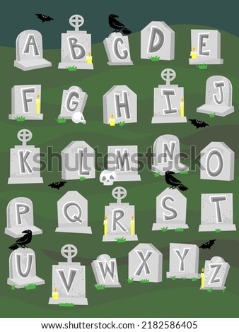 Illustration of Gravestone with English Alphabet Letters with Crows and Bats