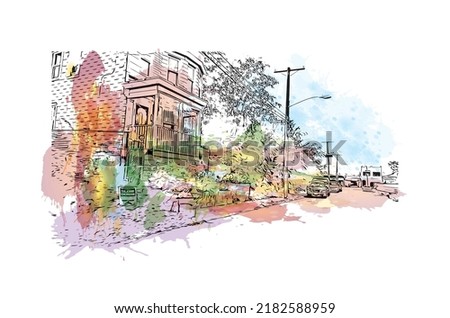 Building view with landmark of Newark is the 
city in New Jersey. Watercolor splash with hand drawn sketch illustration in vector.