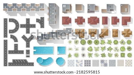 Set of elements top view for map of City. Buildings and objects for landscape design. Collection, kit of House, trees, cottage, plant, road element, swimming pool, tile. Vector element from above Royalty-Free Stock Photo #2182595815