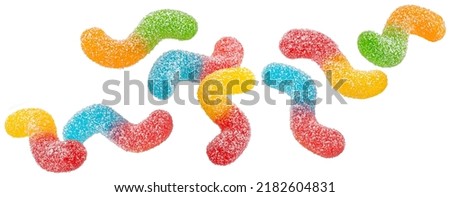 Sour gummy worms isolated on white background, full depth of field