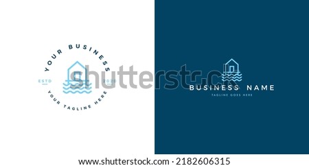 Beach house logo with waves and houses illustration Royalty-Free Stock Photo #2182606315