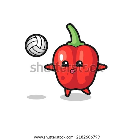 Character cartoon of red bell pepper is playing volleyball
