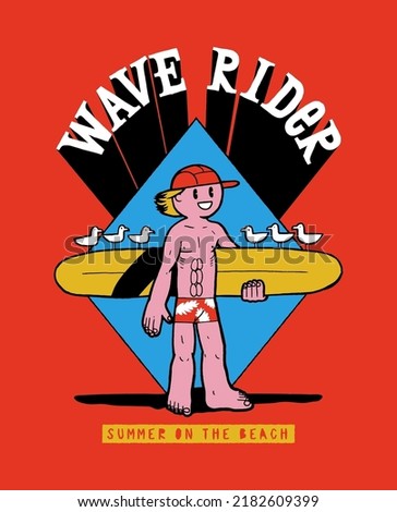 Wave rider. Surfer holding a surfboard with seagulls sitting on it. Summer sports vintage typography silkscreen t-shirt print.