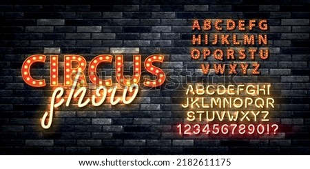Vector realistic isolated retro marquee billboard with electric light lamps of Circus Show logo with alphabet font on the wall background. Royalty-Free Stock Photo #2182611175