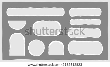 Isolated tear paper border, edge ripped newspaper note, blank rip notebook background, circular grunge page strip, white torn cardboard banner, vector illustration set. Royalty-Free Stock Photo #2182612823
