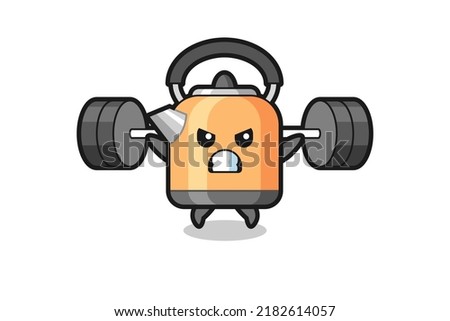 kettle mascot cartoon with a barbell , cute style design for t shirt, sticker, logo element