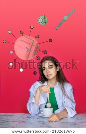 Beautiful girl sits at table and drinks tea, using stopwatch as tea bag. Various watches, big clock fly from woman's head on red background. Creative abstract collage picture. High quality photo