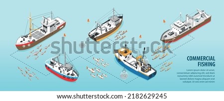 Isometric infographics with commercial fishing boats and fish shoals on blue background 3d vector illustration