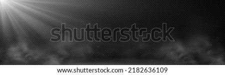 Overlay effect of white light ray, fog and dust isolated on transparent background. Vector realistic background with sunlight or lamp beams, clouds of smoke or mist and flying particles Royalty-Free Stock Photo #2182636109