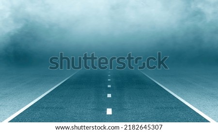Black asphalt road and empty dark street scene background with smoke float up texture wall background, the foggy road in the morning, Free for take-off and landing runway at the airport.