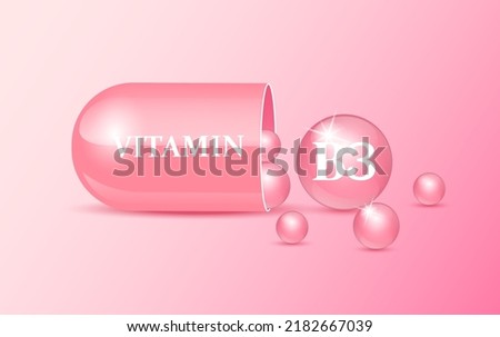 Capsule vitamin B3 structure pink and white with circular bubbles flowing out. Beauty concept. Personal care. 3D Vector Illustration. transparent capsule pill. Drug business concept.