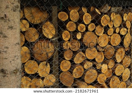 Stacked firewood behind wire mesh fence. Heating in winter