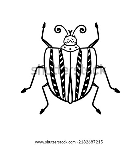 Black beetle in Doodle style. Bug with stripes on its back top view. Simple vecttor illustration isolated on white background.