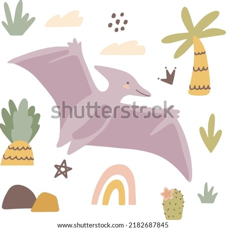 Cute baby dinosaur pterosaur. Сartoon dino with red heart. Hand drawn vector kids design for nursery room, clip art, prints in scandinavian style. Concept for cards, posters, t-shirts.