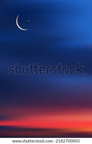 Islamic card with Crescent moon on Blue,Orange sky background,Vertical banner Ramadan Night with Dramtic Suset,twilight dusk sky for Islamic religion,Eid al-Adha,Eid Mubarak,Eid al fitr,Ramadan Kareem