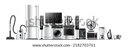 Vector illustration of realistic silver color different appliance on white background. 3d style shine appliance collection design for web, site, banner, print, poster Royalty-Free Stock Photo #2182703761