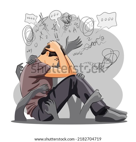 man felling depression under moral stressful sad feel guilty need attention help sitting alone Royalty-Free Stock Photo #2182704719