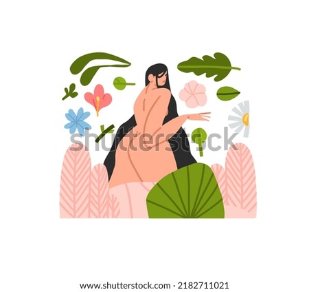 Hand drawn vector abstract stock modern graphic,clip art illustration of young boho female character in nature with abstract shapes,leaves,flowers,moon.Modern woman design.Feminine nature concept.