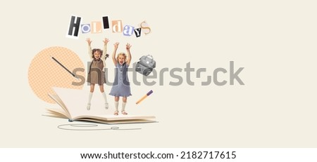 Contemporary art collage. Happy and excited little girls, children jumping on open book. Happy holidays. Concept of childhood, education, creativity, study, homework. Retro style. Poster, ad