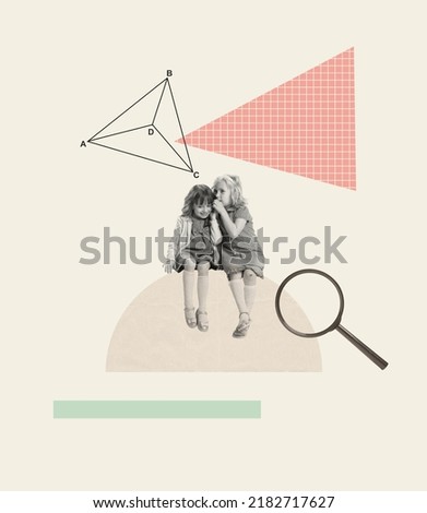 Contemporary art collage. Little schoolgirls, children sitting and talking during math lesson. Distracted. Concept of childhood, education, creativity, study, homework. Retro style. Poster and ad
