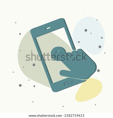 The hand clicks on the button smartphone. Cursor icon on multicolored background. Layers grouped for easy editing illustration. For your design.
