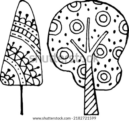 Set of Hand drawn doodle trees, vector abstract illustrations in black and white for seasonal advertisement, prints, posters, invitations etc