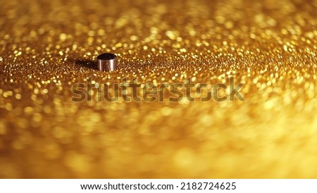 Retro-styled spinning gold record vinyl player. Close up glitter surface. Rotating vintage phonograph. Beautiful colorful picture. Copy space,