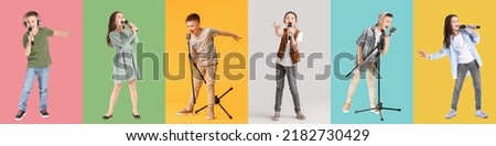 Set of cute children with microphones on color background Royalty-Free Stock Photo #2182730429