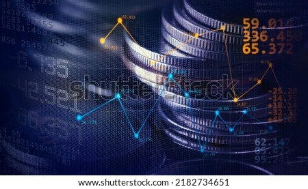 Double exposure image of coin stacks on technology financial graph background.Economy trends background for business ,financial meltdown ,Cryptocurrency digital economy. Royalty-Free Stock Photo #2182734651