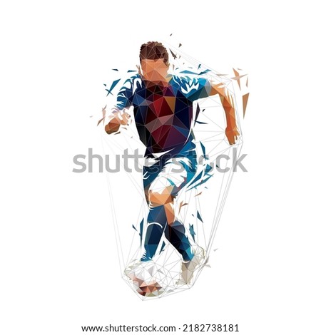 Soccer player running with ball, low poly vector illustration. Front view, isolated geometric vector drawing from triangles. Football