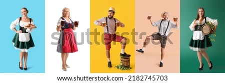 Set of people in traditional German costumes with beer and snacks on color background Royalty-Free Stock Photo #2182745703