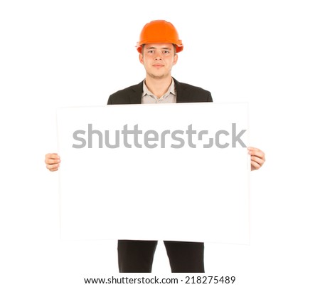 Close up Caucasian Male Engineer Showing Blueprint Paper While Looking at Camera. Isolated on White Background.