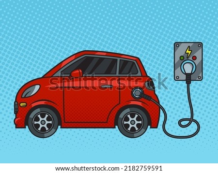 electric car charging from power outlet socket pop art retro vector illustration. Comic book style imitation.