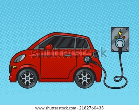 electric car charging from power outlet socket pop art retro raster illustration. Comic book style imitation.