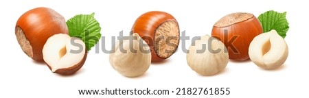 Triple set of whole, broken and peeled hazelnuts isolated on white background. Package design element with clipping path Royalty-Free Stock Photo #2182761855