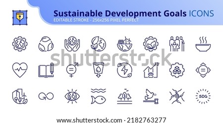 Line icons about Sustainable Development Goals. Contains such icons as environmental, social and governance concerns. Editable stroke Vector 256x256 pixel perfect Royalty-Free Stock Photo #2182763277