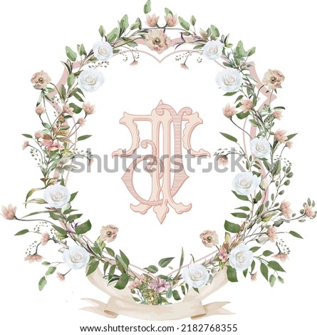 Painted wedding monogram TJ initial. Watercolor crest wild flower frame Hand drawn template.  Royalty-Free Stock Photo #2182768355