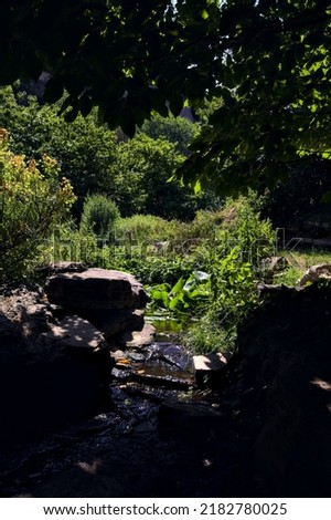 Brook in the shade coming from a pond framed by rocks and trees on a sunny day in a park