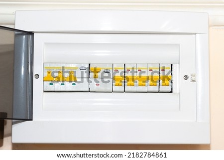Electrical cabinet with automatic fuses. Electrical distribution box. Fuse block. Royalty-Free Stock Photo #2182784861