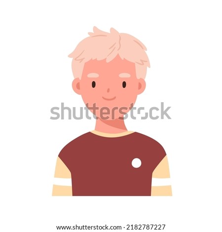 Cute boy head portrait. Positive child face avatar. Happy smiling school kid, little student. Adorable Scandinavian schoolboy with blonde hair. Flat vector illustration isolated on white background