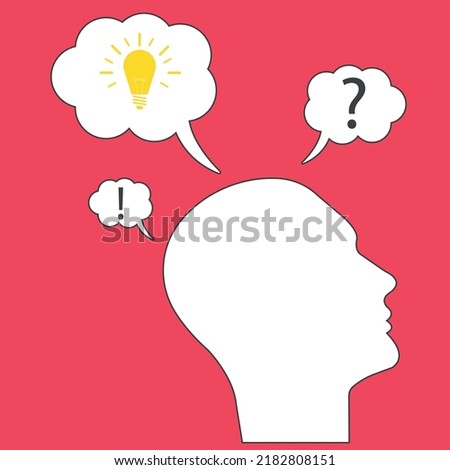 on the head,
thought bubbles.
Burning light bulb symbolizing new idea.
Problem solving idea concept.
