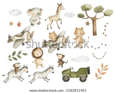 Safari Animals Baby Watercolor Illustration with elephant, lion, giraffe, tiger, zebra and monkey