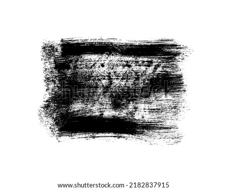 Bold black grunge smear isolated on white background. Horizontal wide brush strokes, bold shape. Rectangle text box. Grunge design element. Dirty texture banner. Black silhouette for your design