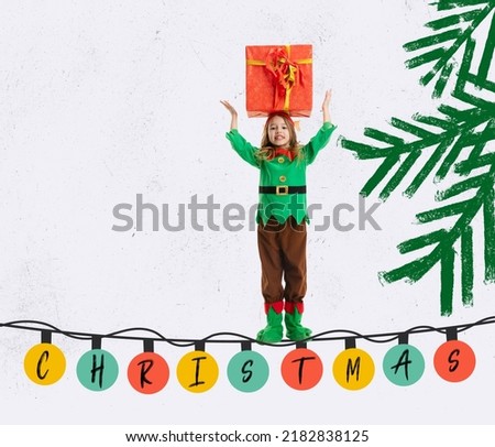 Contemporary artwork. Creative design. Cheerful little gitl, child in image of elf holding big present box. Celebration. Concept of holiday, winter vacation, New Year, Christmas, creativity, fun, ad