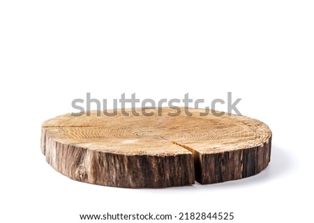 Wooden plate carved from tree trunk isolated on white background. Can be used like stand for your object Royalty-Free Stock Photo #2182844525