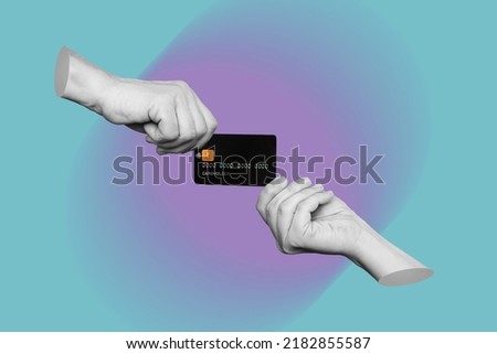 The black plastic credit card is in the hands of two women holding it from different sides isolated on blue and purple background. Trendy 3d collage in magazine style. Contemporary art. Modern design