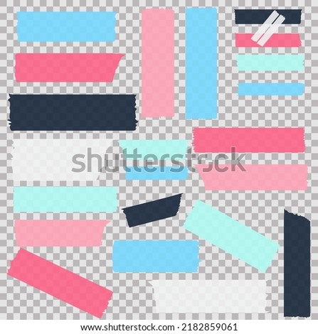 Washi tapes. Semi-transparent pieces of ribbons. Blue, pink, black, white and green pieces of washi tape with torn edges. Set of adhesive ribbons isolated on a transparent background.