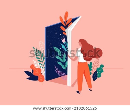 Book festival and fair concept. Young woman opening a huge open book surrounding the many flowers, leaves, plants. Back to school, library concept design. Vector illustration, poster and banner